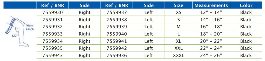 Size chart for Actimove Knee Braces