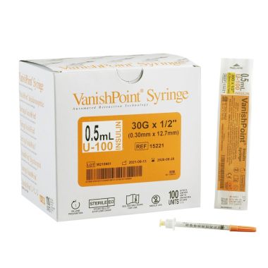 VanishPoint U-100 Insulin Safety Syringes - 0.5mL