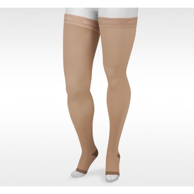 Juzo Silver Soft II0VIII Thigh High 30-40 mmHg Compression Stockings, Open Toe, Silicone Top Band, Beige