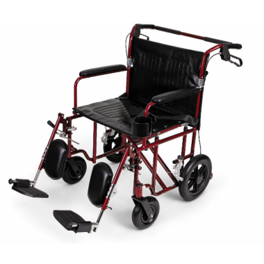 Medline Heavy Duty Bariatric Transport Chair, Extra Wide 22" Seat, Permanent Full-Length Arms, Elevating Legrests, Red Frame