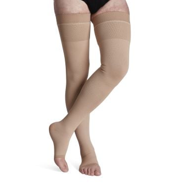 Sigvaris 504N Natural Rubber Thigh High Grip-Top Open Toe 40-50 mmHg Compression Socks, Beige