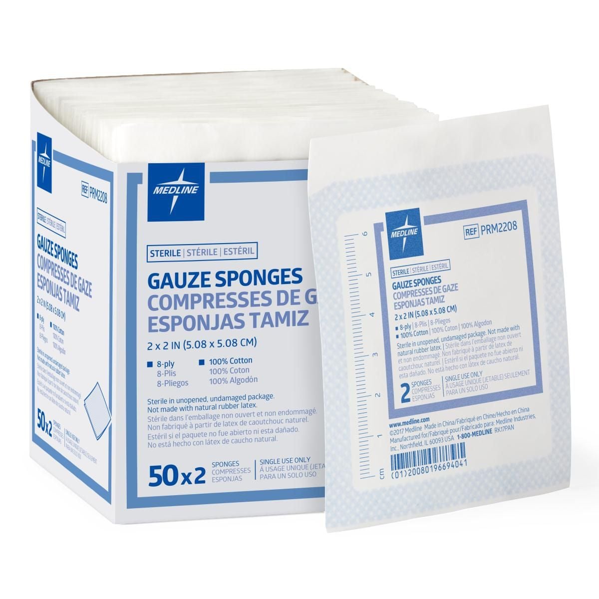 Medline PRM2208 2 x 2 Inch Woven Gauze Sponges 8 Ply, Sterile ...