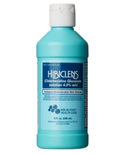 An 8-ounce bottle of Hibiclens solution.