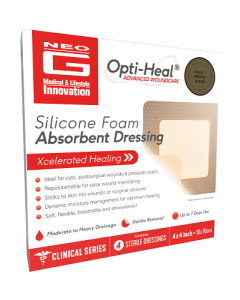 Neo G Silicone Foam Absorbent Dressing shown in packaging