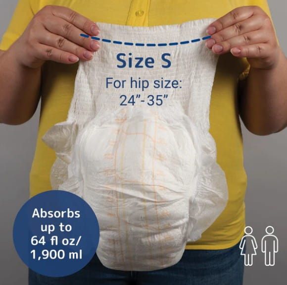Size S for hip size: 24"-35" | Absorbs up to 64 fl oz / 1,900 ml