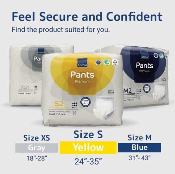 Feel secure and confident. Find the product suited for you. Size XS: gray, 18"-28" | Size S: yellow, 24"-35" | Size M: blue, 31"-43"