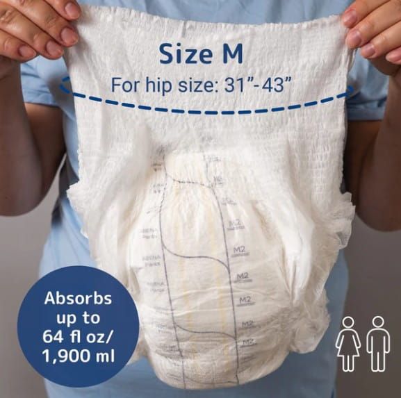 Size M for hip size: 31"-43" | Absorbs up to 64 fl oz / 1,900 ml