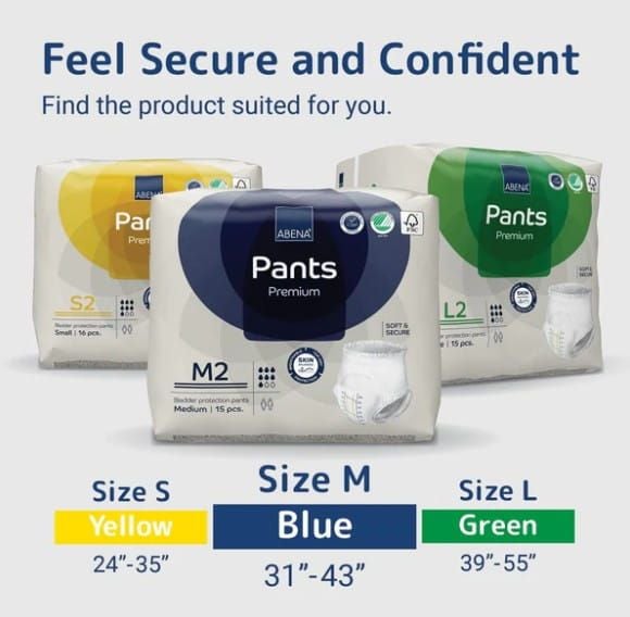 Feel secure and confident. Find the product suited for you. Size S: yellow, 24"-35" | Size M: blue, 31"-43" | Size L: green, 39"-55"