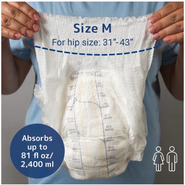 Size M for hip size 31"-43" | Absorbs up to 81 fl oz / 2,400 mL