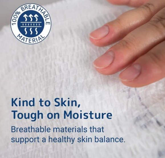 100% breathable material | Kind to skin, tough on moisture | Breathable materials that support a healthy skin balance