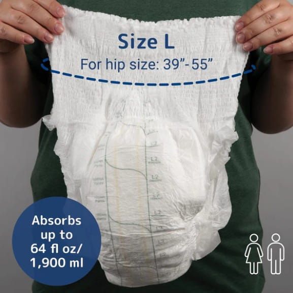 Size L for hip size: 39"-55" | Absorbs up to 64 fl oz / 1900 ml