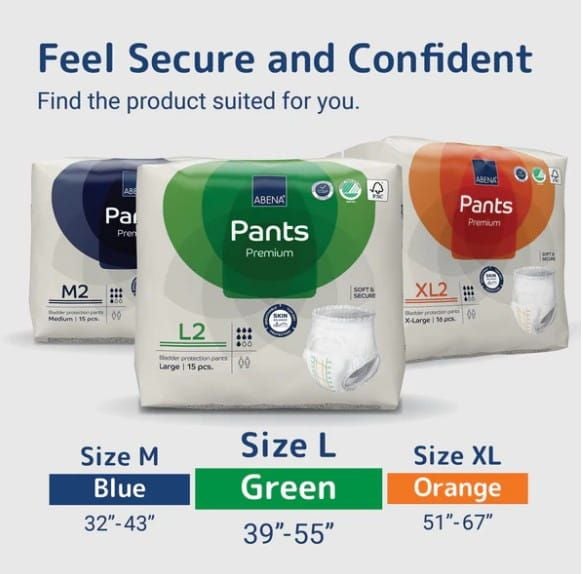 Feel secure and confident. Find the product suited for you. Size M: blue, 32"-43" | Size L: green, 39"-55" | Size XL, orange, 51"-67"