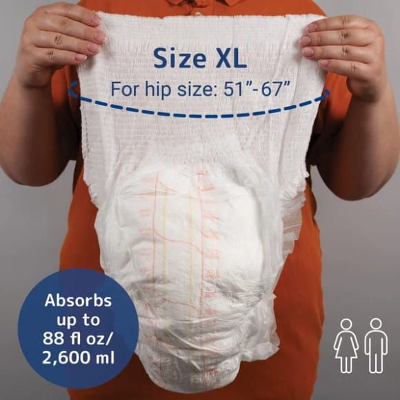Size XL for hip size: 51"-67" | Absorbs up to 88 fl oz / 2,600 mL