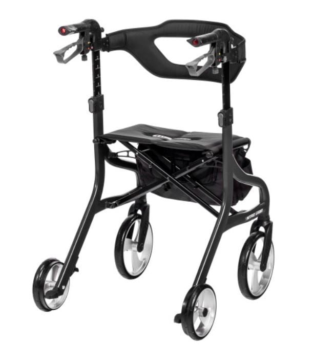 Black Rollator With Bag Attached to the Back of the Seat