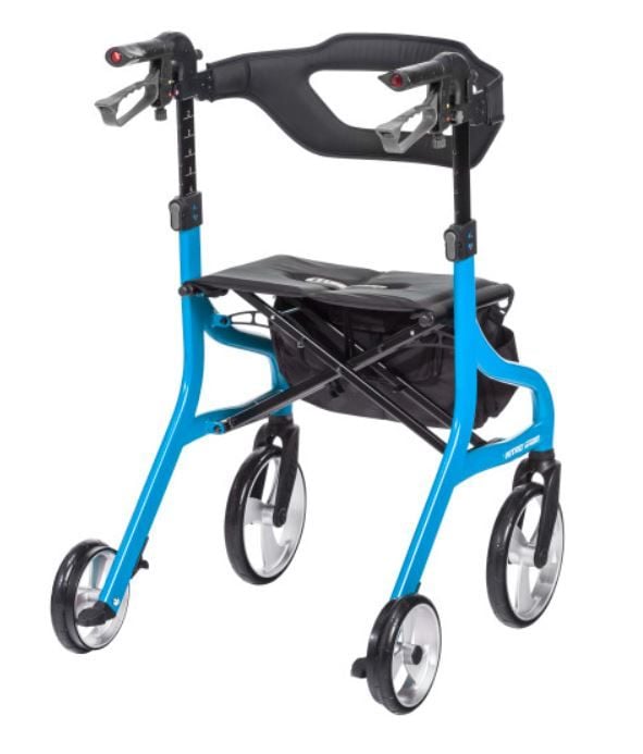 Blue Rollator With Bag Attached to the Back of the Seat