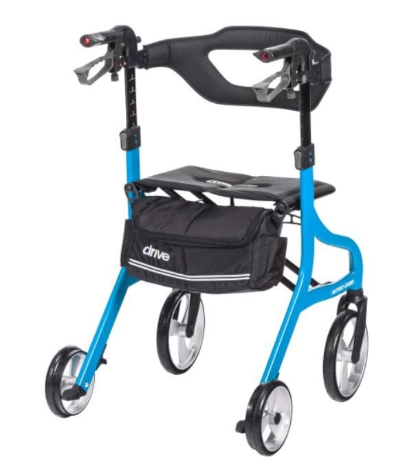 Blue Rollator With Bag Attached Beneath the Seat