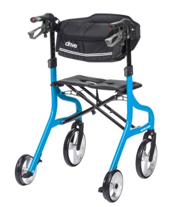 Blue Rollator With Bag Attached to Backrest