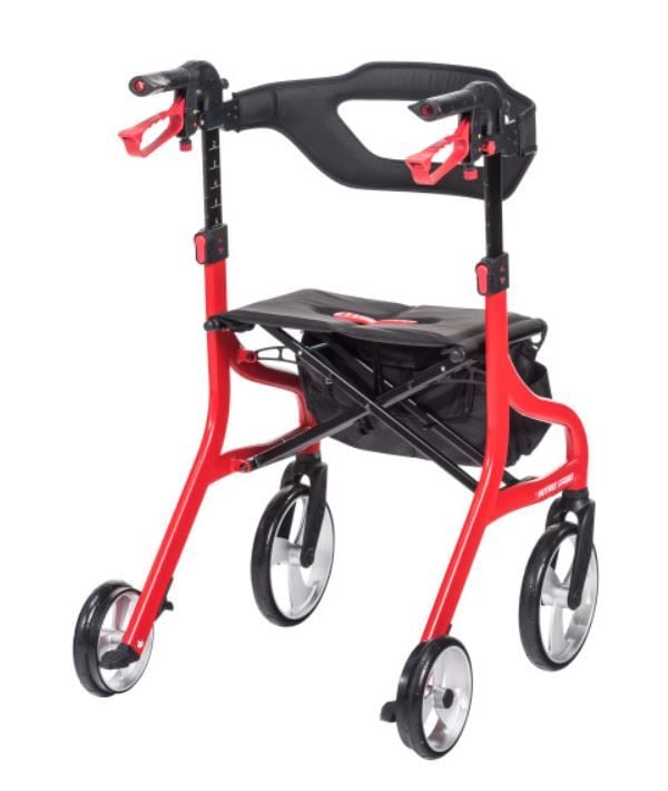 Red Rollator With Bag Attached to the Back of the Seat