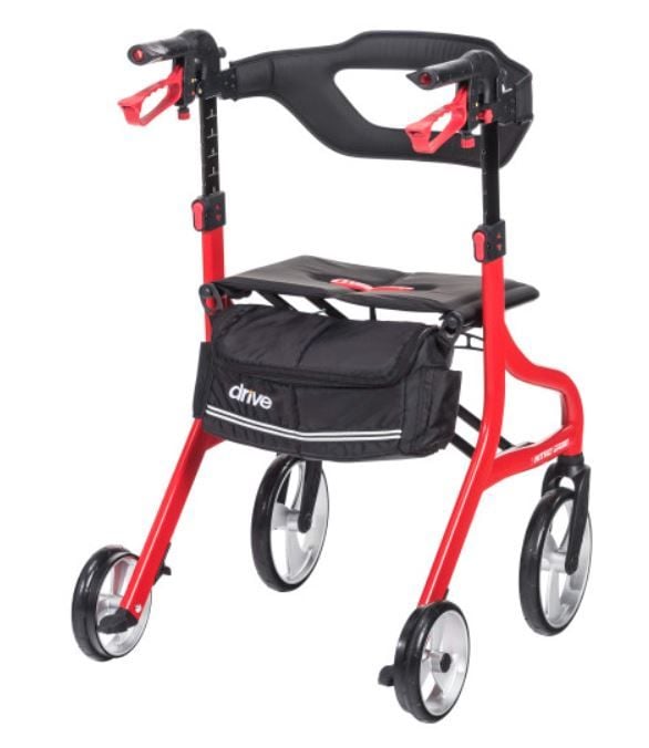 Red Rollator With Bag Attached Beneath the Seat