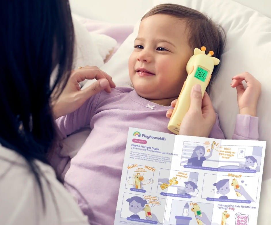 Mom Taking Baby's Temperature While Following Prompt Brochure