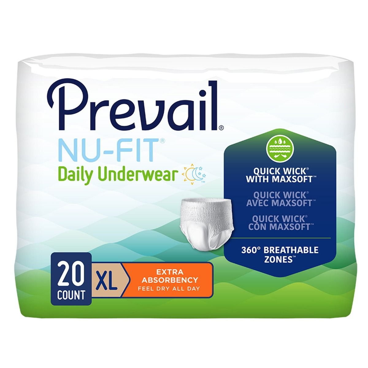 Extra Large Prevail Nu-Fit Daily Underwear, Pack of 20