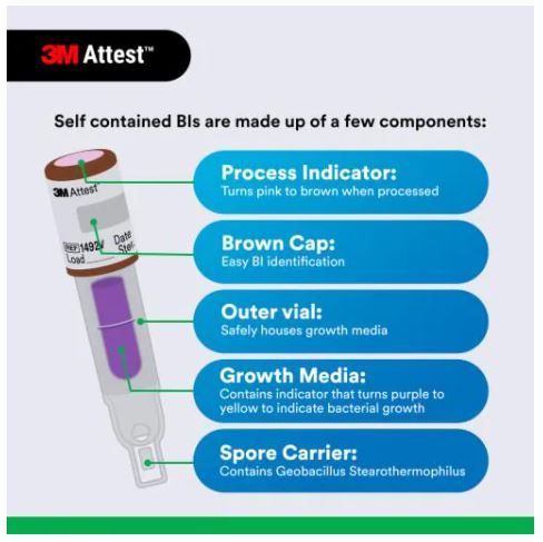 Self-contained BIs Are Made Up of a Few Components: Process Indicator: Turns Pink to Brown When Processed. Brown Cap: Easy BI Identification. Outer Vial: Safely Houses Growth Media. Growth Media: Contains Indicator That Turns Purple to Yellow To Indicate