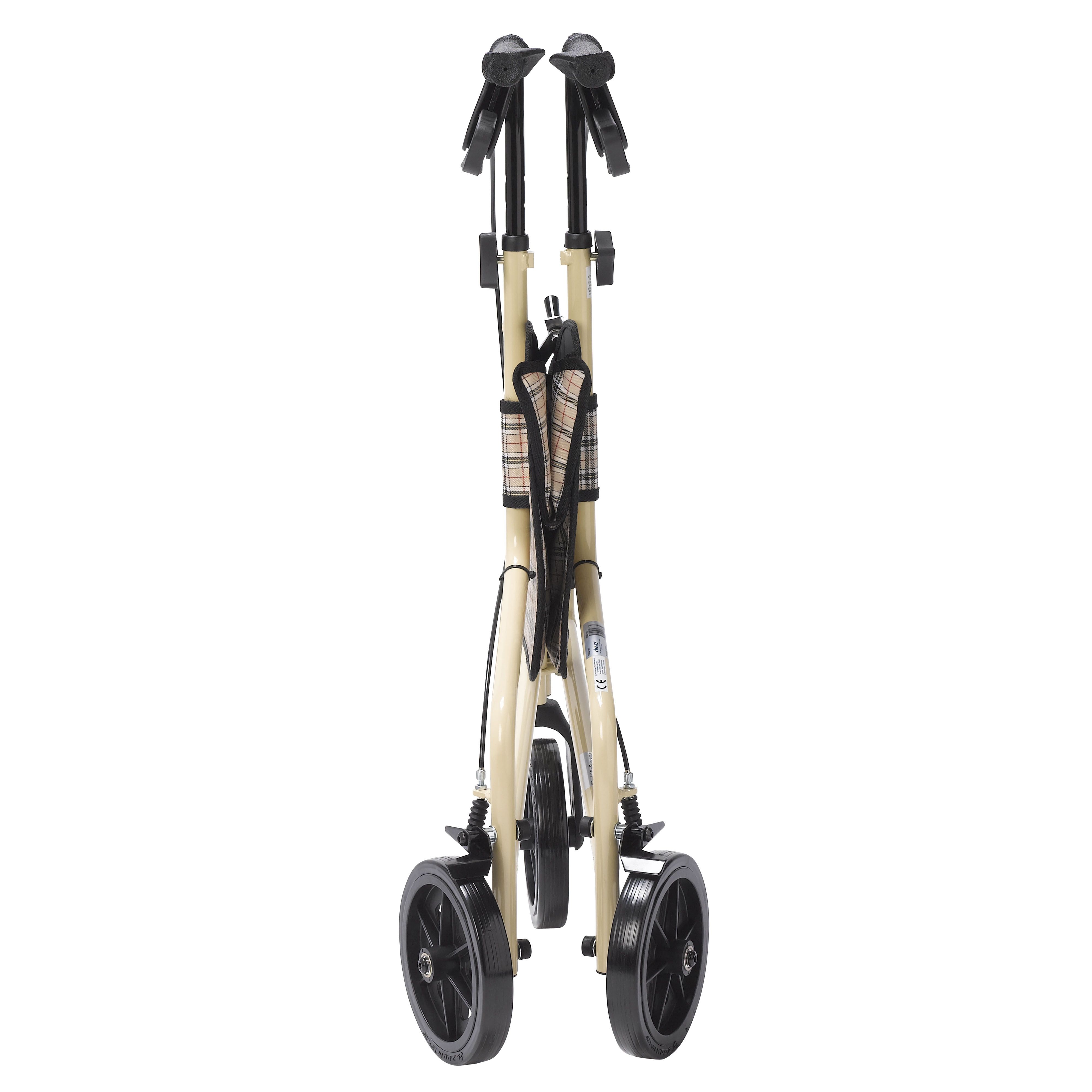 Winnie Lite Supreme Aluminum 3-wheeled Rollator Tan Frame with Plaid Bag Folded Front View