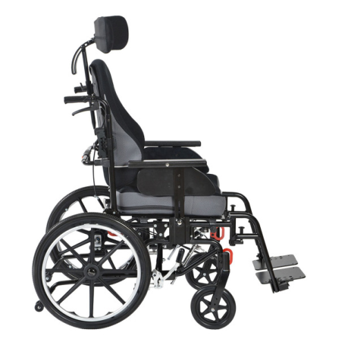 Side view of the wheelchair with accessories attached