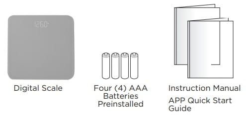 What's Included (302-1113BB): Digital Scale, (4) AAA Batteries, Instruction Manual, Quick Start Guide
