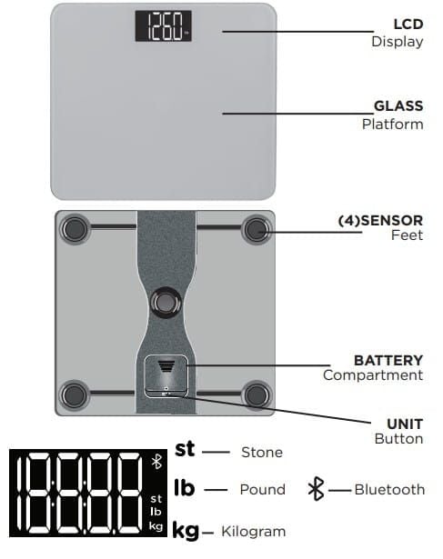 302-1114BSL Scale Diagram: LCD Display, Glass Platform, (4) Sensor Feet, Battery Compartment, Unit Button