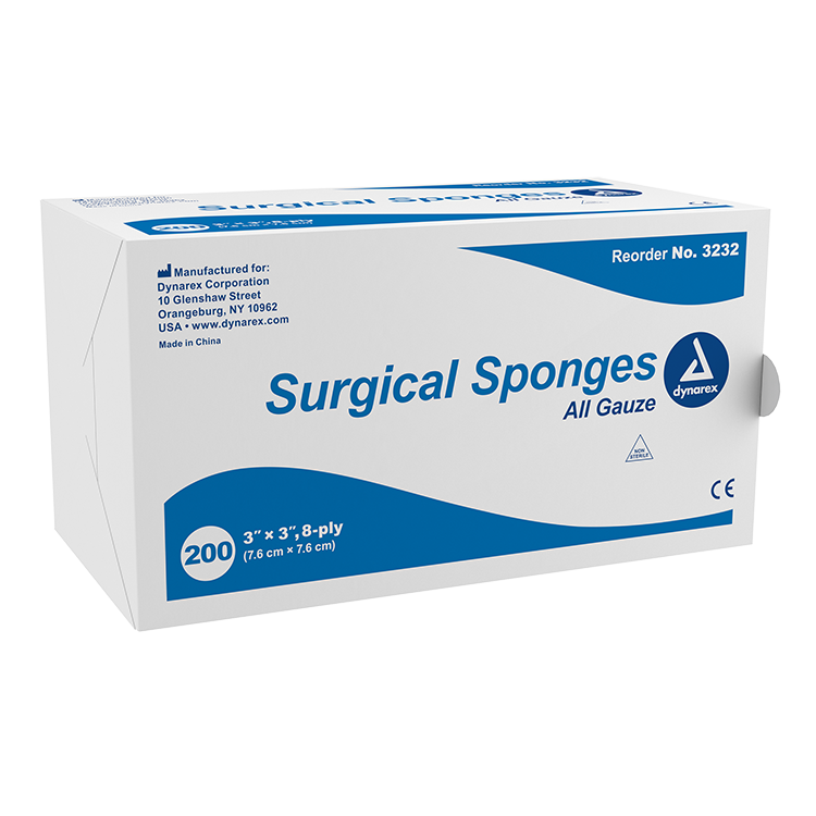 Dynarex 3 x 3 Inch Surgical Gauze Sponges 8 Ply, Box of 200
