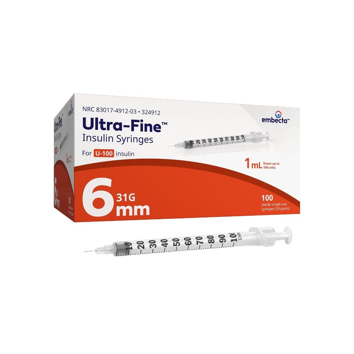 Standard Insulin Syringe with Needle Veo™ Ultra-Fine™ 1 mL 15/64 Inch 31 Gauge NonSafety Regular Wall (324912)