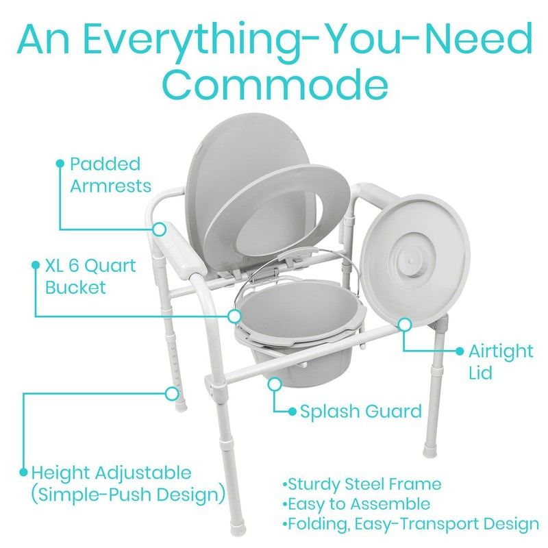 Commode has padded armrests, 6-quart bucket with splash guard, airtight lid, and height-adjustable frame.