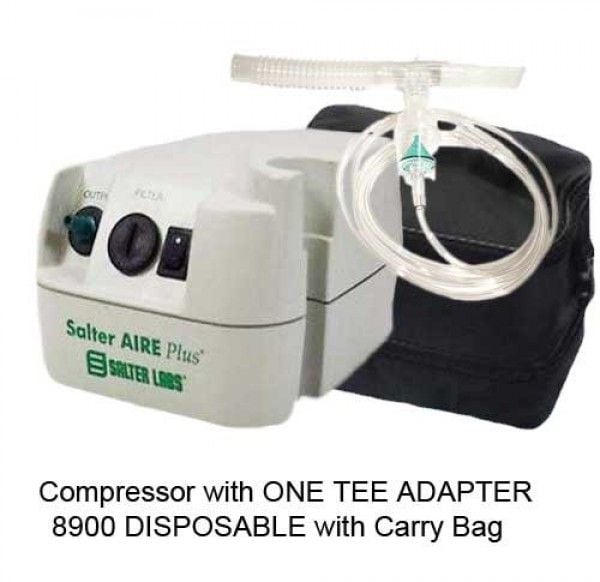Compressor with ONE TEE ADAPTER Nebulizer 8900 DISPOSABLE Mouthpiece, 7 Foot Tubing, Reservoir Tube and Carry Bag - Each