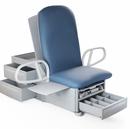 Chair with all drawers open and armrests turned out