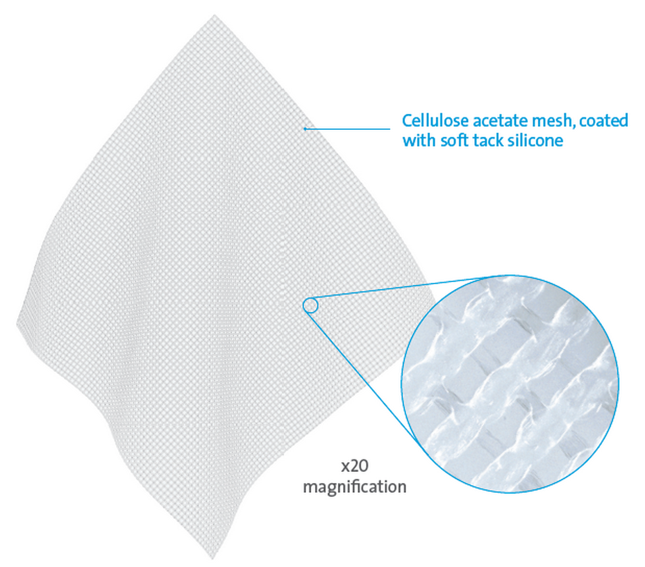 Cellulose acetate mesh, coated with soft tack silicone