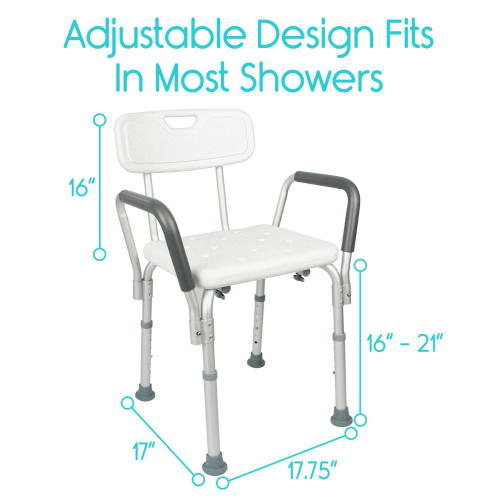 Chair dimensions demonstrate how the height-adjustable chair is sized to fit in most showers.