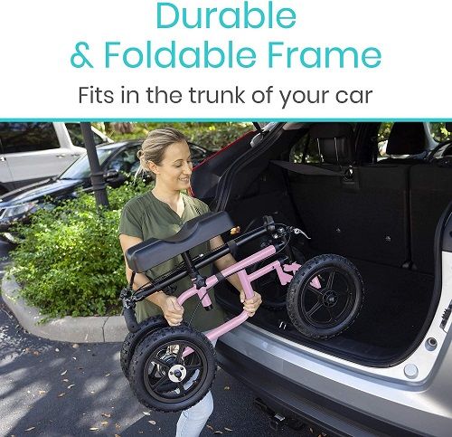 The knee walker has foldable handlebars to make the scooter more easily transportable.