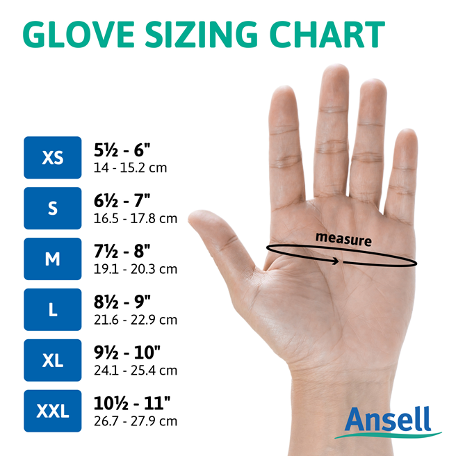 A glove sizing chart showing its measurement.