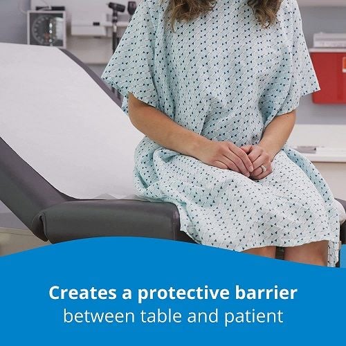 A woman in a hospital gown sitting on an exam table covered with Avalon Paper. Text: Creates a protective barrier between table and patient.