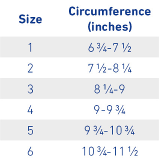 A sizing chart for the AchilloTrain support brace.