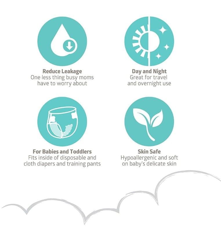 Reduce Leakage: One Less Thing Busy Moms Have To Worry About, Day and Night: Great for Travel and Overnight Use, For Babies and Toddlers: Fits Inside of Disposable and Cloth Diapers and Training Pants, Skin Safe: Hypoallergenic and Soft on Baby's Delicate