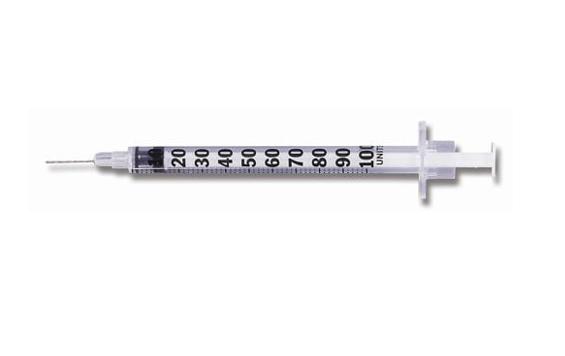 1 mL, 28 gauge U-100 insulin syringe