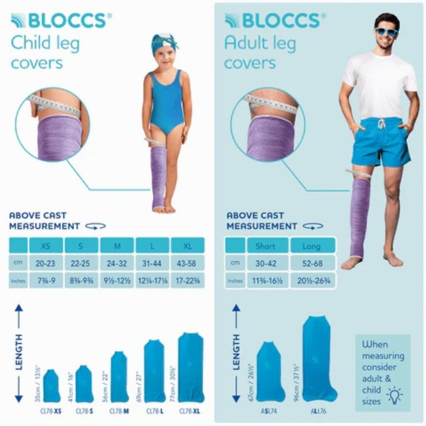 Bloccs Adult Waterproof Cast Cover, Leg - Sizing