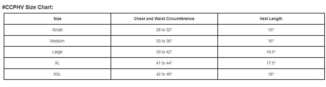Half vest size chart