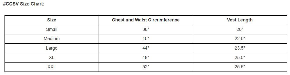 Full vest size chart