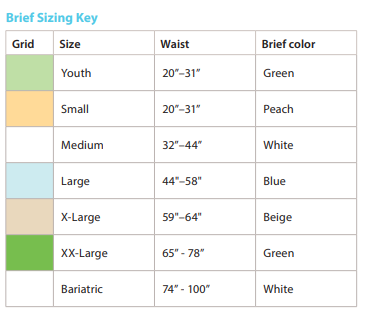 Brief Color/Waist Size Key