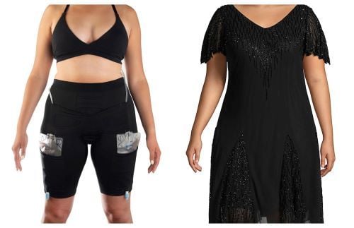 CathWear Left, Women Wearing Dress Hiding Leg Bag, Right