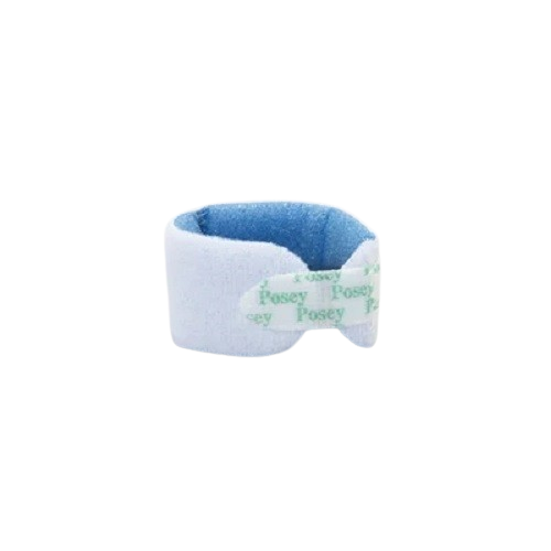 Blue and white foam strap for infant.