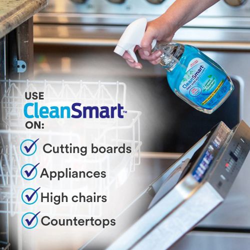 CleanSmart is sprayed on a dishwasher rack. It can be used on cutting boards, appliances, high chairs, countertops, and more.